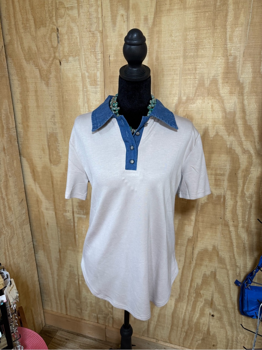 Womens Short Sleeve with Contrasting Denim Collar - White/Blue